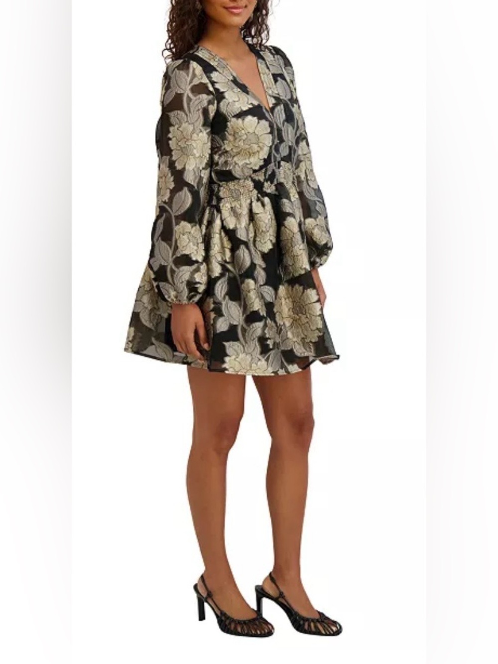 NWT Kensie Organza V-Neck Flare Mini Dress Gold Black Size 10